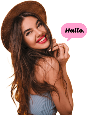 Young woman with a hat and red lipstick saying hello.